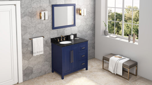 JEFFREY ALEXANDER VKITCAD36BLBQO 36" Hale Blue Cade Vanity, left offset, Calacatta Black Quartz Vanity Top, undermount oval bowl