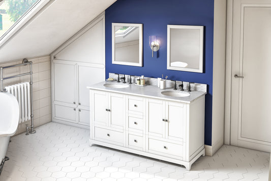 JEFFREY ALEXANDER VKITADD60WHWCO 60" White Addington Vanity, double bowl, White Carrara Marble Vanity Top, two undermount oval bowls