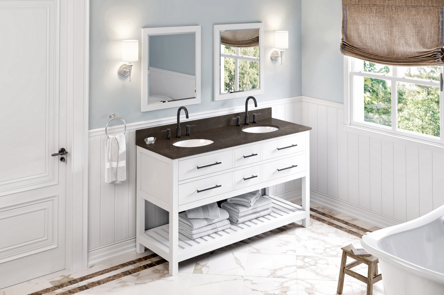 JEFFREY ALEXANDER VKITWAV60WHLSO 60" White Wavecrest Vanity, double bowl, Blue Limestone Vanity Top, two undermount oval bowls