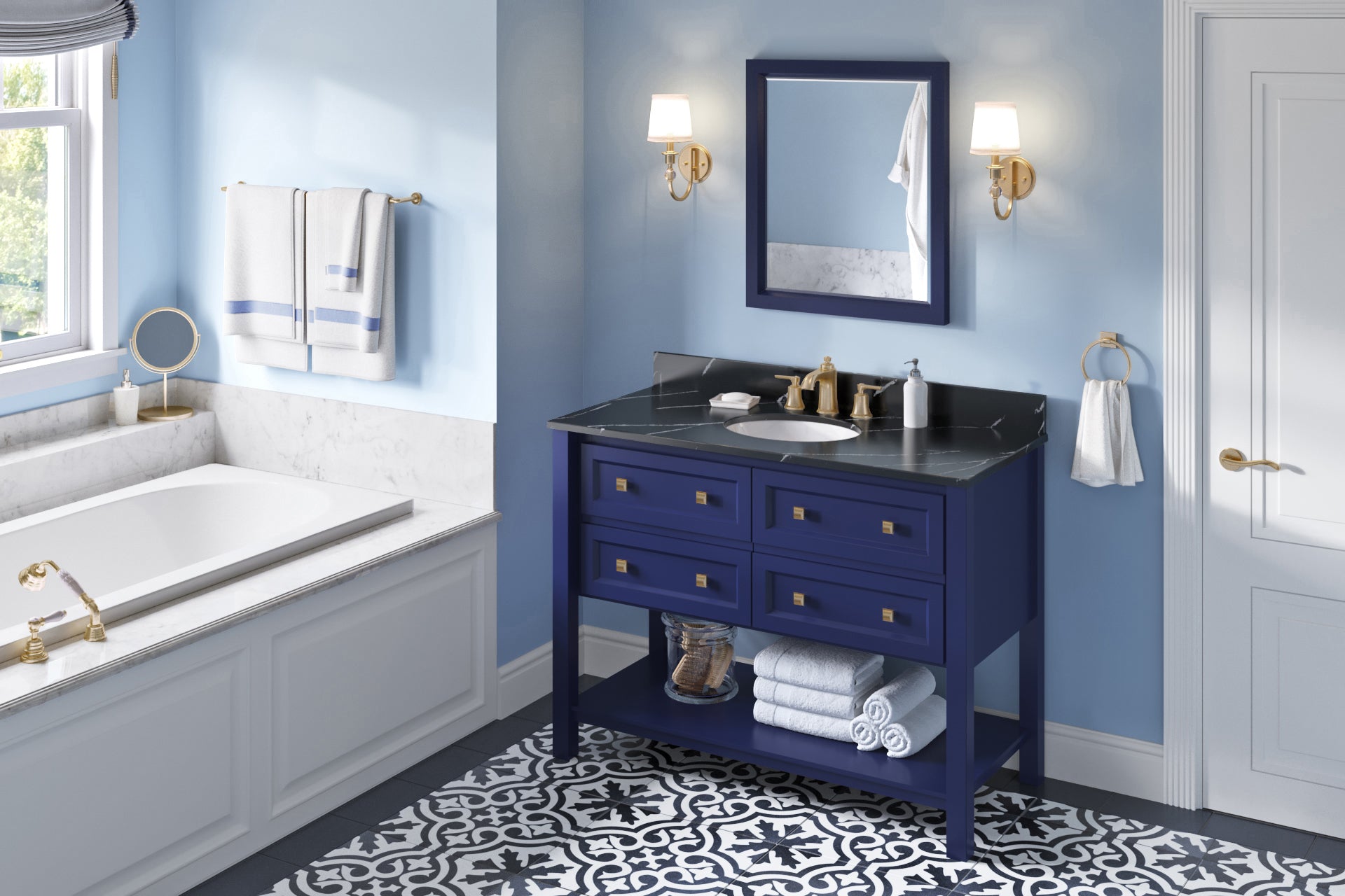 JEFFREY ALEXANDER VKITADL48BLBQO 48" Hale Blue Adler Vanity, Calacatta Black Quartz Vanity Top, undermount oval bowl