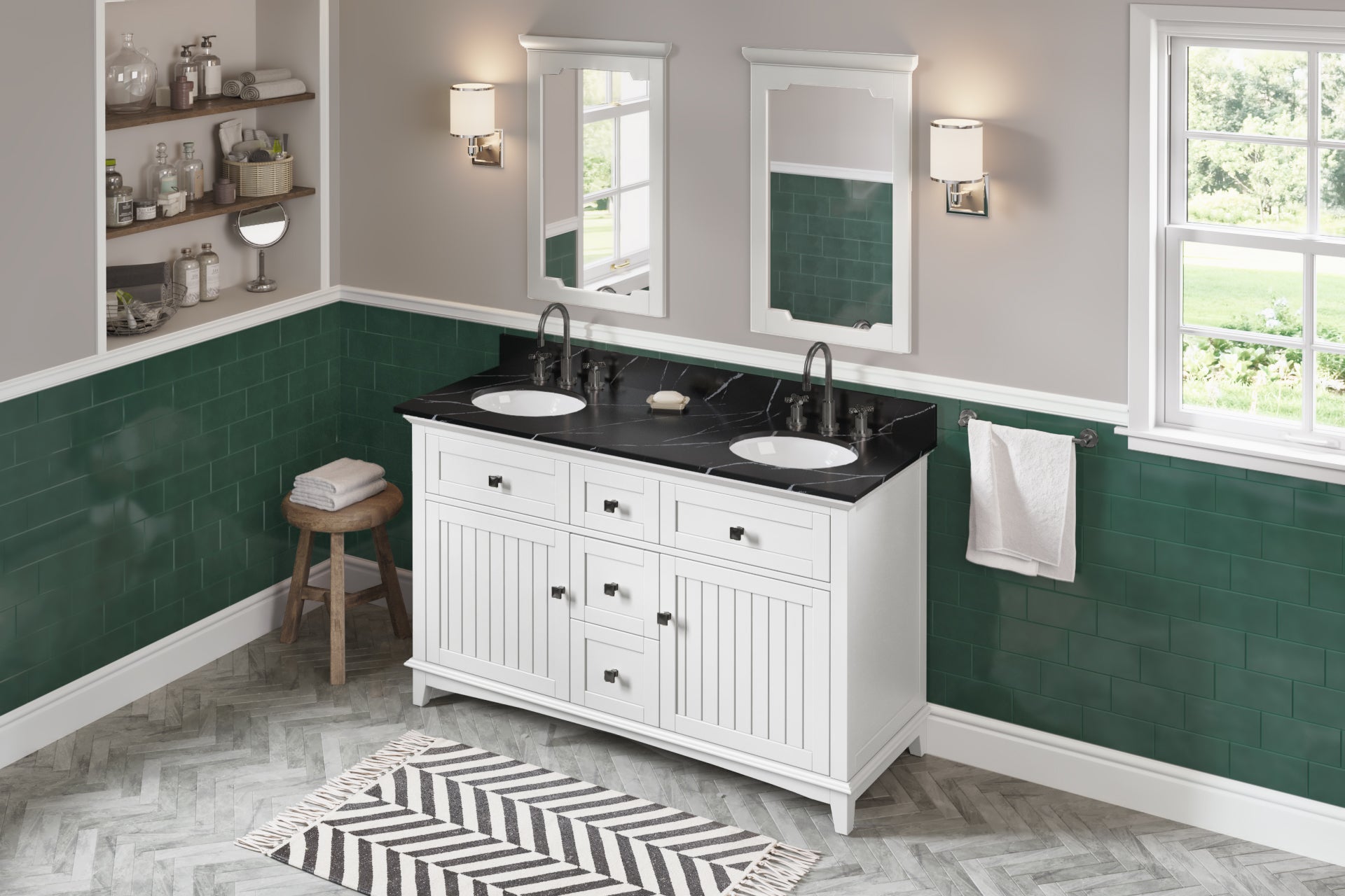 JEFFREY ALEXANDER VKITSAV60WHBQO 60" White Savino Vanity, double bowl, Calacatta Black Quartz Vanity Top, two undermount oval bowls