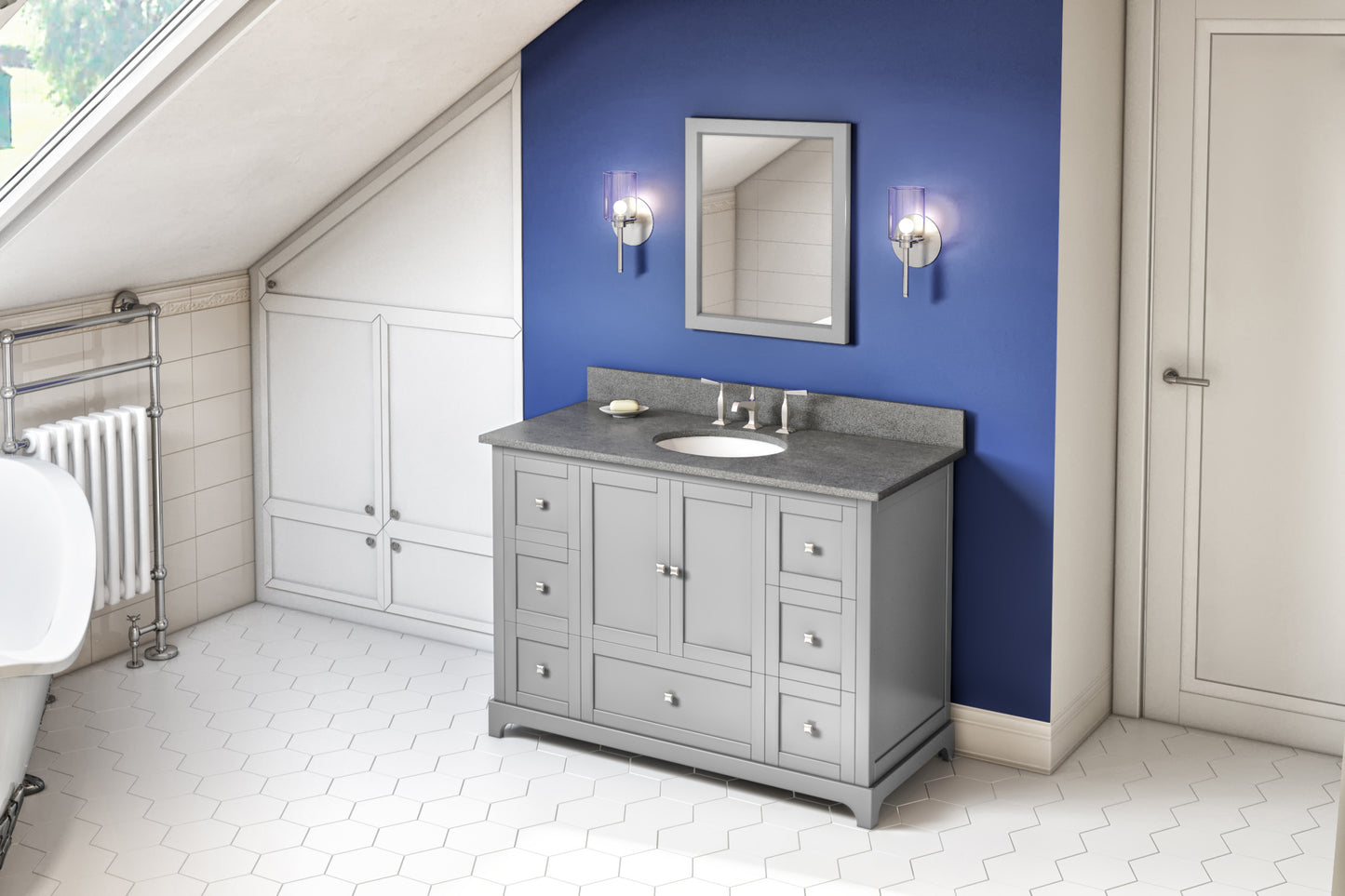 JEFFREY ALEXANDER VKITADD48GRSGO 48" Grey Addington Vanity, Steel Grey Cultured Marble Vanity Top, undermount oval bowl