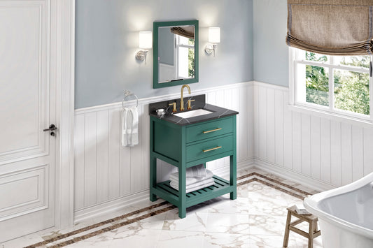 JEFFREY ALEXANDER VKITWAV30GNBQR 30" Forest Green Wavecrest Vanity, Calacatta Black Quartz Vanity Top, undermount rectangle bowl