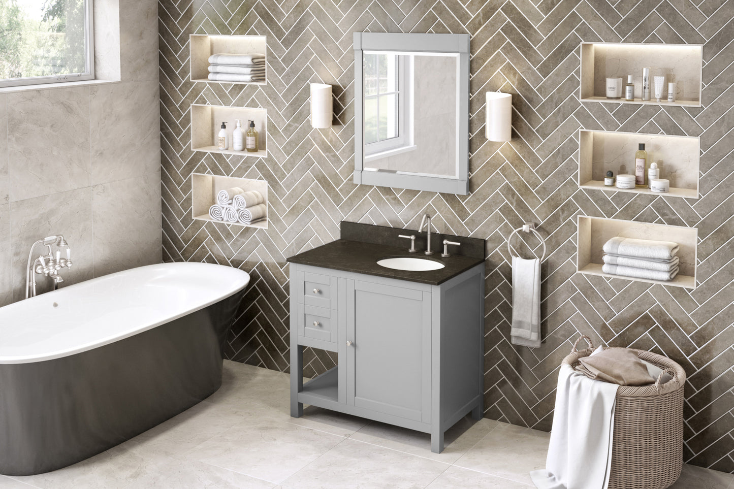 JEFFREY ALEXANDER VKITAST36GRLSO 36" Grey Astoria Vanity, right offset, Blue Limestone Vanity Top, undermount rectangle bowl