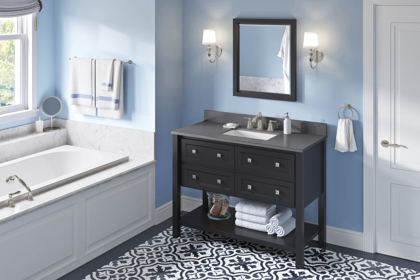 JEFFREY ALEXANDER VKITADL48BKGQR 48" Black Adler Vanity, Grey Quartz Vanity Top, undermount rectangle bowl