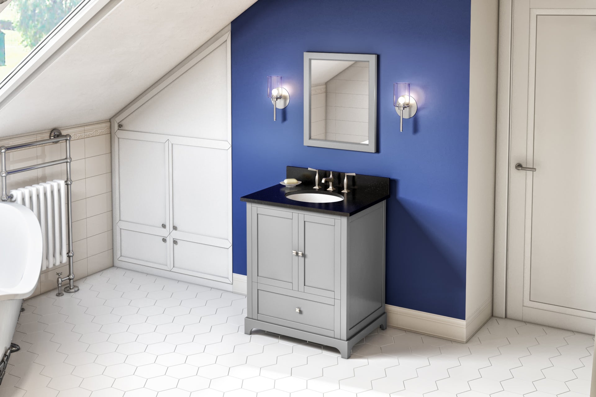 JEFFREY ALEXANDER VKITADD30GRBGO 30" Grey Addington Vanity, Black Granite Vanity Top, undermount oval bowl