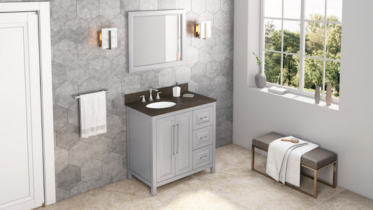 JEFFREY ALEXANDER VKITCAD36GRLSO 36" Grey Cade Vanity, left offset, Blue Limestone Vanity Top, undermount oval bowl