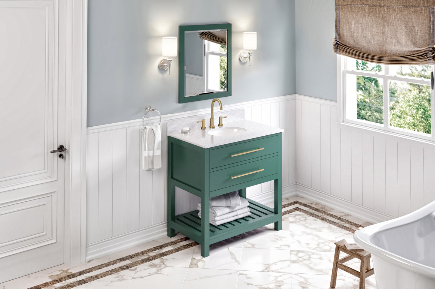 JEFFREY ALEXANDER VKITWAV36GNWCO 36" Forest Green Wavecrest Vanity, White Carrara Marble Vanity Top, undermount oval bowl