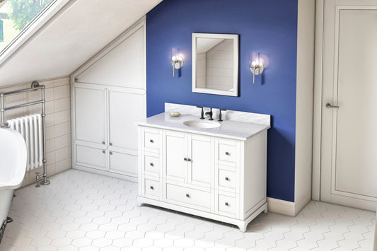 JEFFREY ALEXANDER VKITADD48WHWCO 48" White Addington Vanity, White Carrara Marble Vanity Top, undermount oval bowl