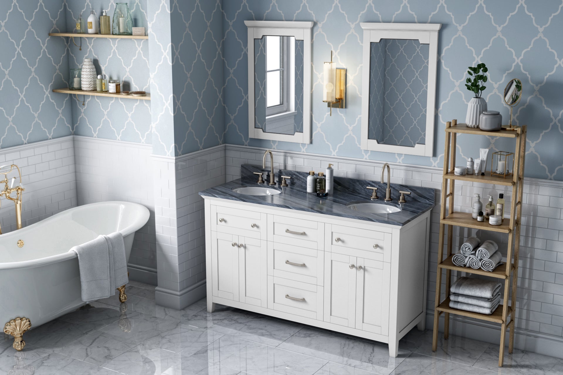 JEFFREY ALEXANDER VKITCHA60WHMGO 60" White Chatham Vanity, double bowl, Grey Marble Vanity Top, two undermount oval bowls