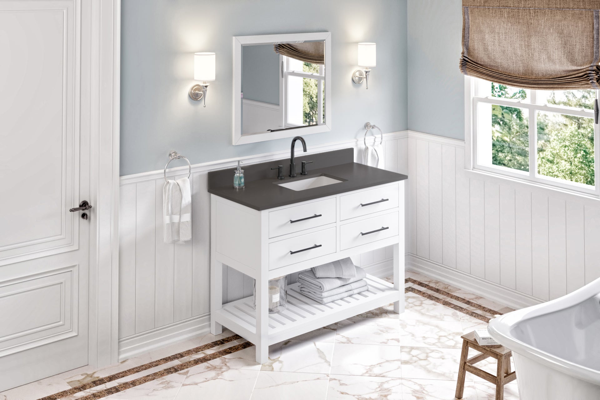 JEFFREY ALEXANDER VKITWAV48WHGQR 48" White Wavecrest Vanity, Grey Quartz Vanity Top, undermount rectangle bowl