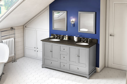 JEFFREY ALEXANDER VKITADD60GRLSO 60" White Addington Vanity, double bowl, Blue Limestone Vanity Top, two undermount oval bowls