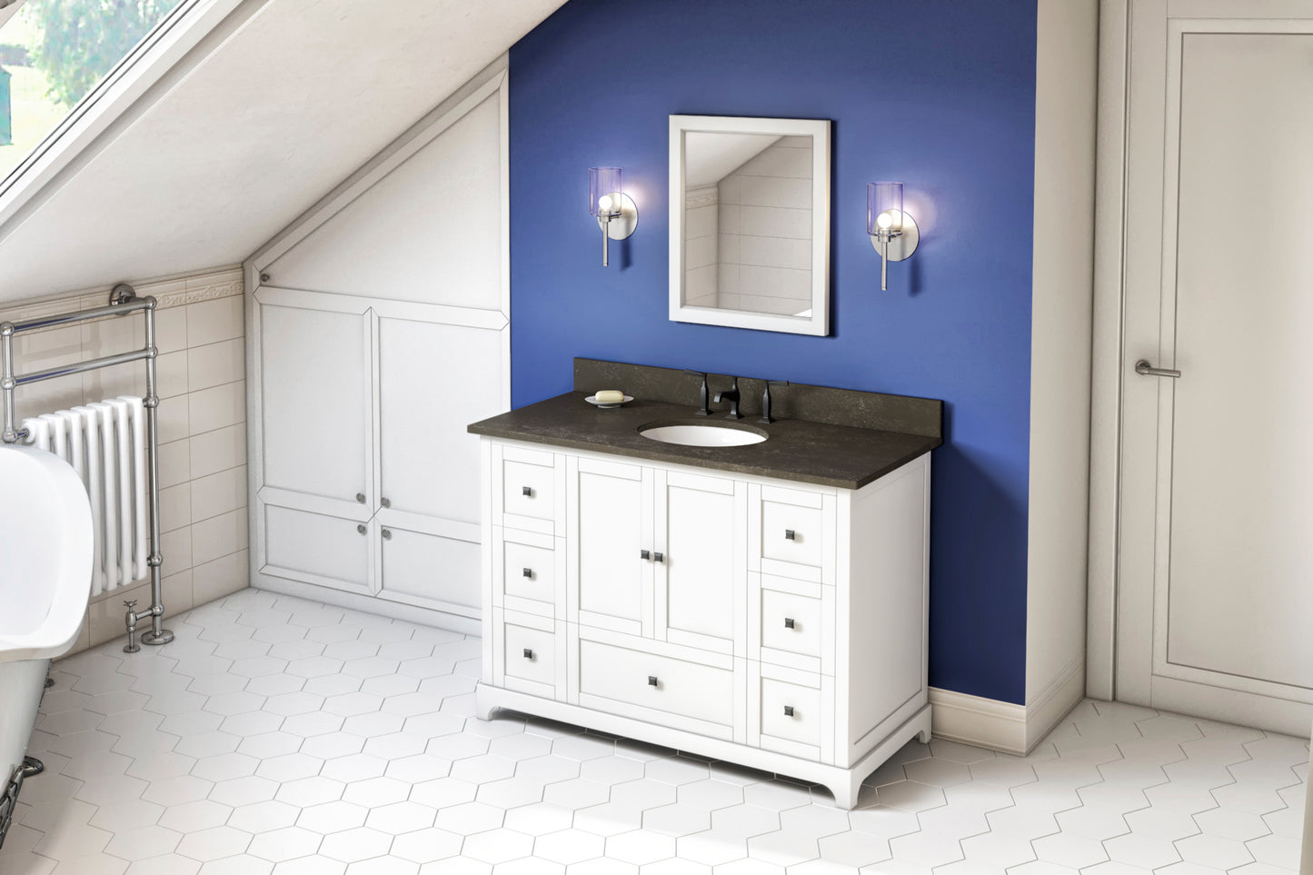 JEFFREY ALEXANDER VKITADD48WHLSO 48" White Addington Vanity, Blue Limestone Vanity Top, undermount oval bowl