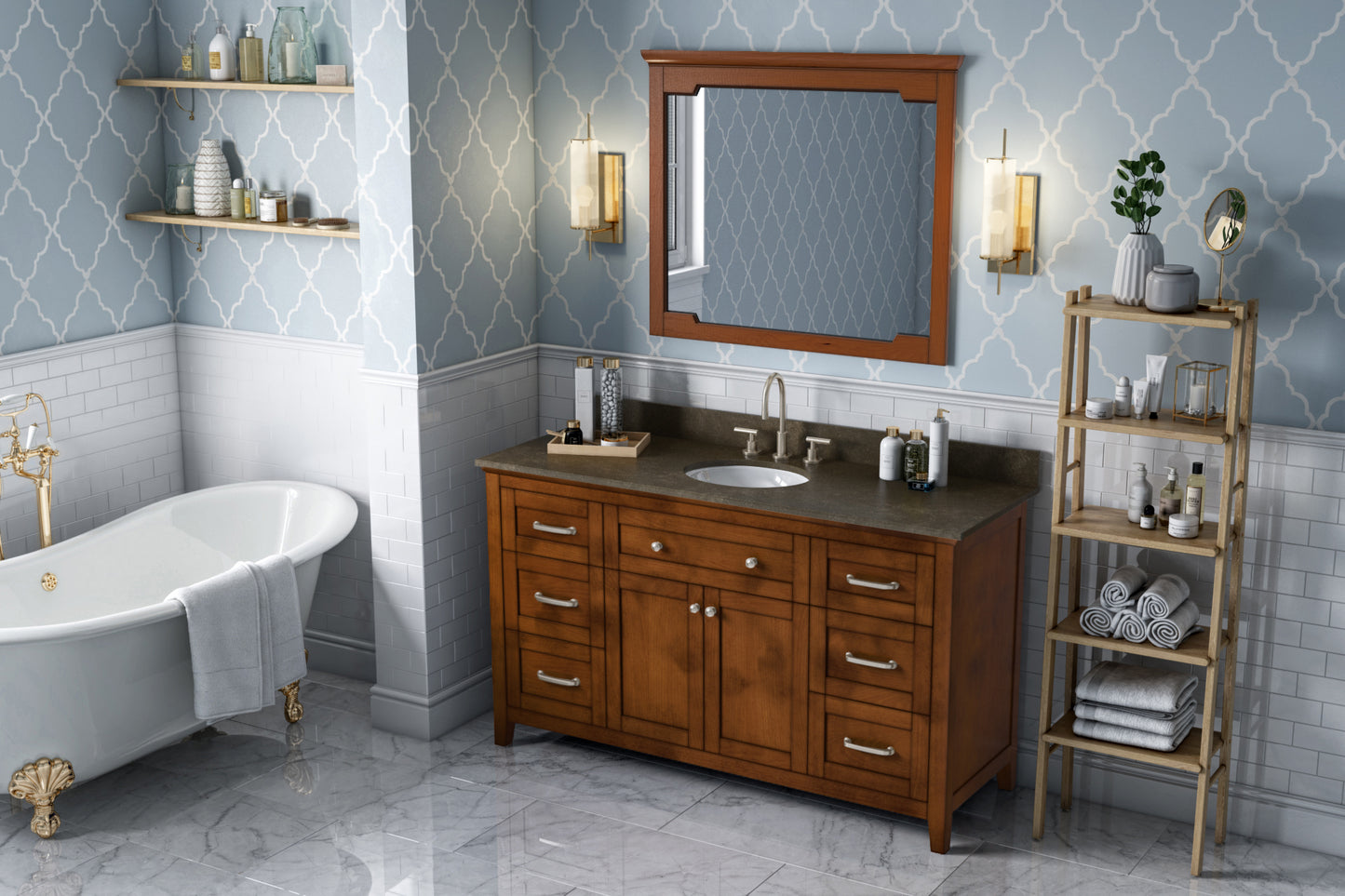 JEFFREY ALEXANDER VKITCHA60SCHLSO 60" Chocolate Chatham Vanity, Blue Limestone Vanity Top, undermount oval bowl