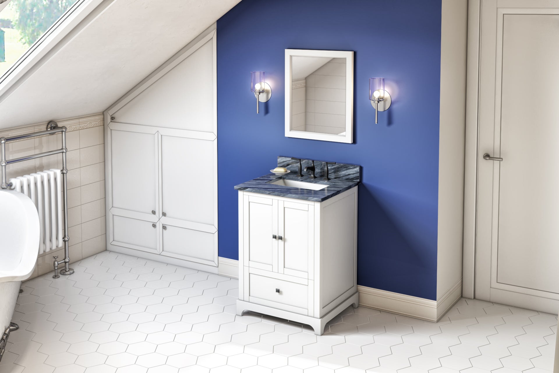 JEFFREY ALEXANDER VKITADD24WHMGR 24" White Addington Vanity, Grey Marble Vanity Top, undermount rectangle bowl