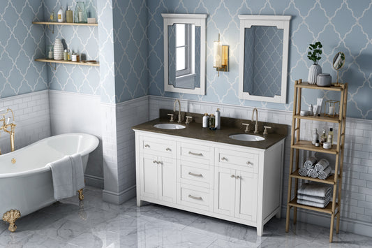 JEFFREY ALEXANDER VKITCHA60WHLSO 60" White Chatham Vanity, double bowl, Blue Limestone Vanity Top, two undermount oval bowls