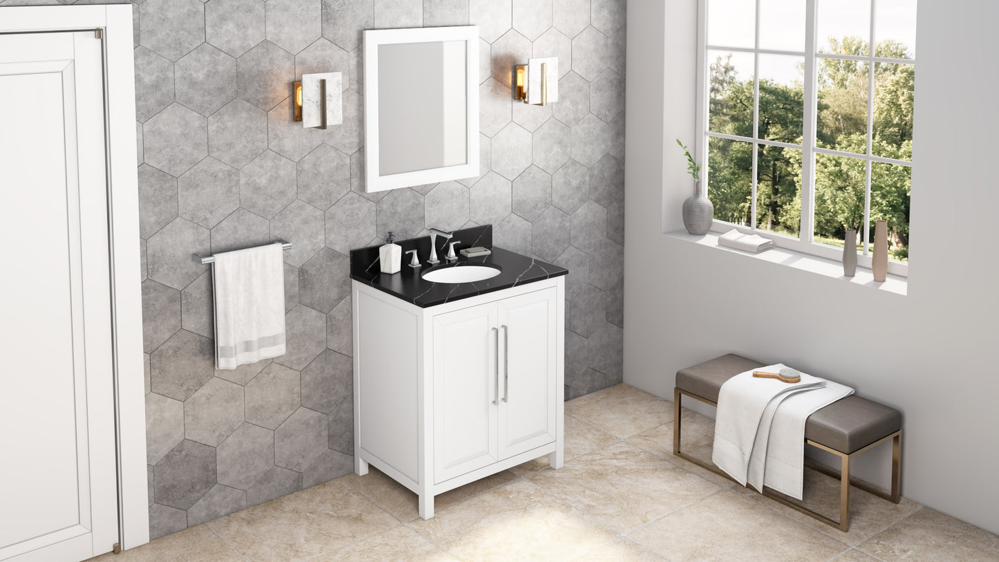 JEFFREY ALEXANDER VKITCAD30WHBQO 30" White Cade Vanity, Calacatta Black Quartz Vanity Top, undermount oval bowl