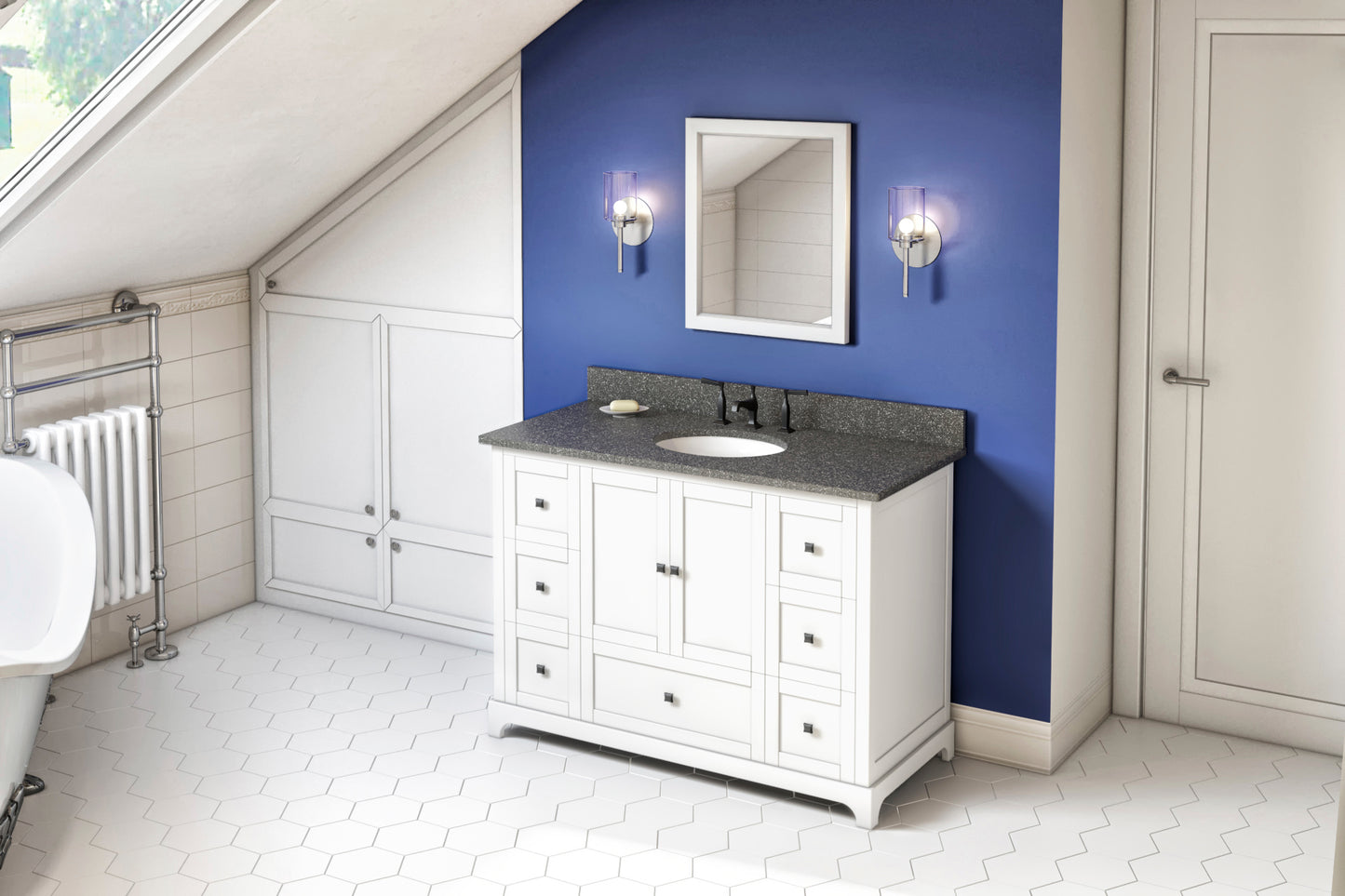 JEFFREY ALEXANDER VKITADD48WHBOO 48" White Addington Vanity, Boulder Cultured Marble Vanity Top, undermount oval bowl