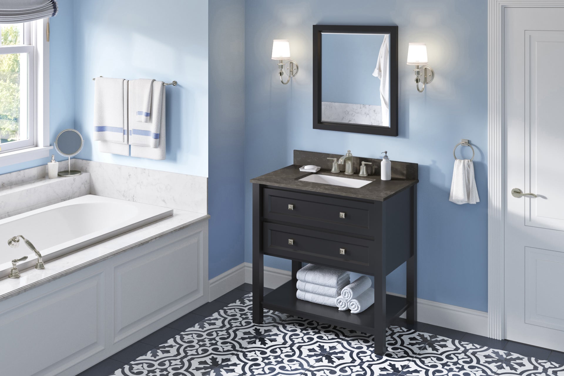 JEFFREY ALEXANDER VKITADL36BKLSR 36" Black Adler Vanity, Blue Limestone Vanity Top, undermount rectangle bowl