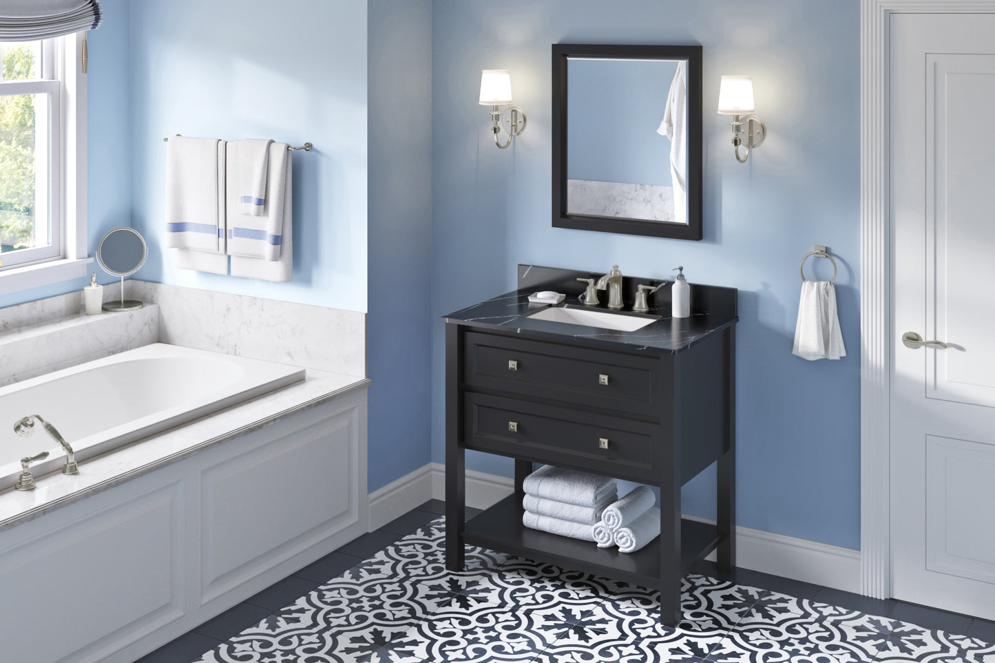 JEFFREY ALEXANDER VKITADL36BKBQR 36" Black Adler Vanity, Calacatta Black Quartz Vanity Top, undermount rectangle bowl