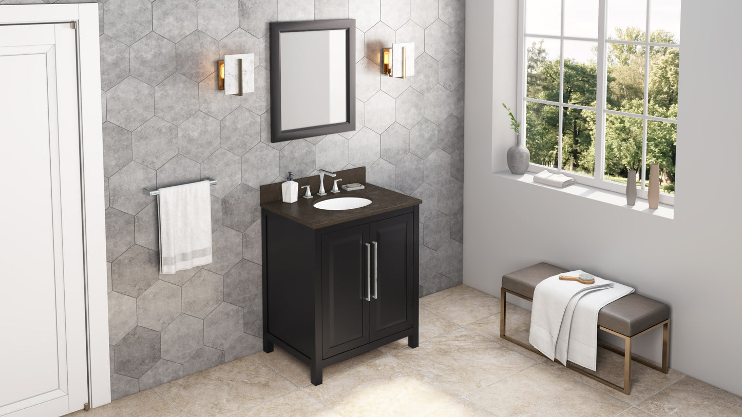 JEFFREY ALEXANDER VKITCAD30BKLSO 30" Black Cade Vanity, Blue Limestone Vanity Top, undermount oval bowl