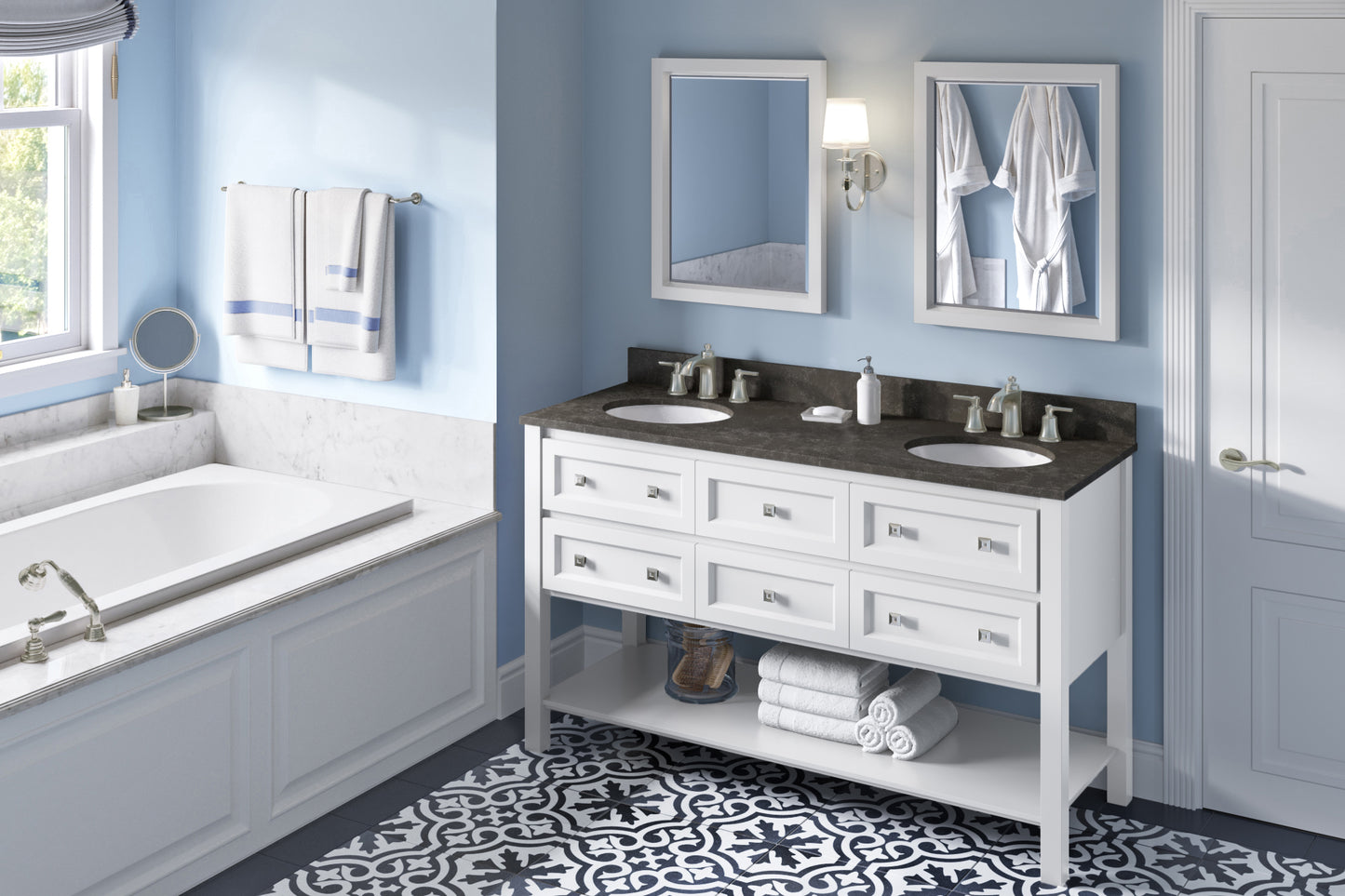 JEFFREY ALEXANDER VKITADL60WHLSO 60" White Adler Vanity, double bowl, Blue Limestone Vanity Top, two undermount oval bowls