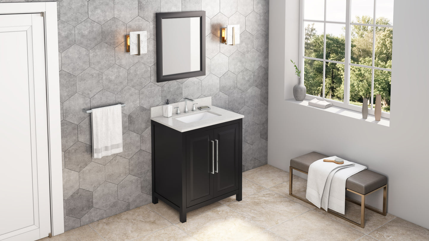 JEFFREY ALEXANDER VKITCAD30BKASR 30" Black Cade Vanity, Arctic Stone Cultured Marble Vanity Top, undermount rectangle bowl