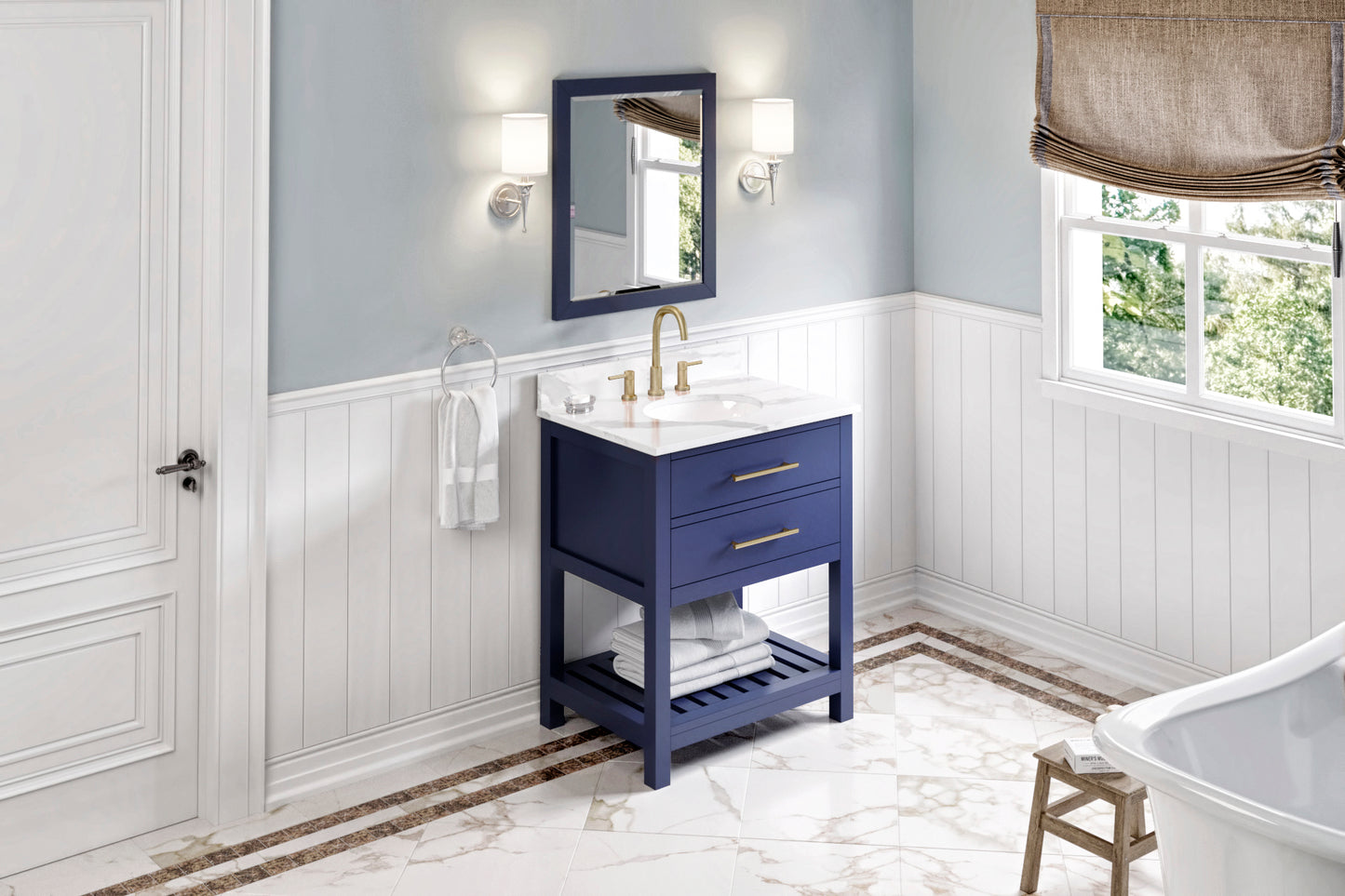 JEFFREY ALEXANDER VKITWAV30BLCQO 30" Hale Blue Wavecrest Vanity, Calacatta Vienna Quartz Vanity Top, undermount oval bowl