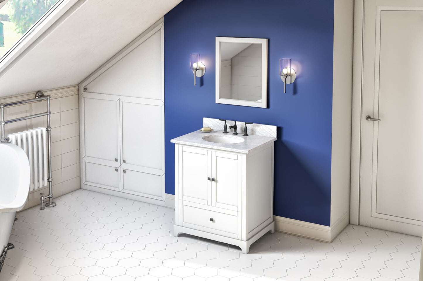 JEFFREY ALEXANDER VKITADD30WHWCO 30" White Addington Vanity, White Carrara Marble Vanity Top, undermount oval bowl