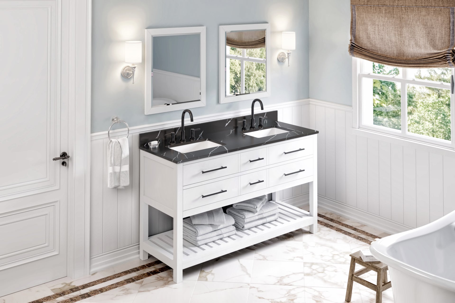 JEFFREY ALEXANDER VKITWAV60WHBQR 60" White Wavecrest Vanity, double bowl, Calacatta Black Quartz Vanity Top, two undermount rectangle bowls