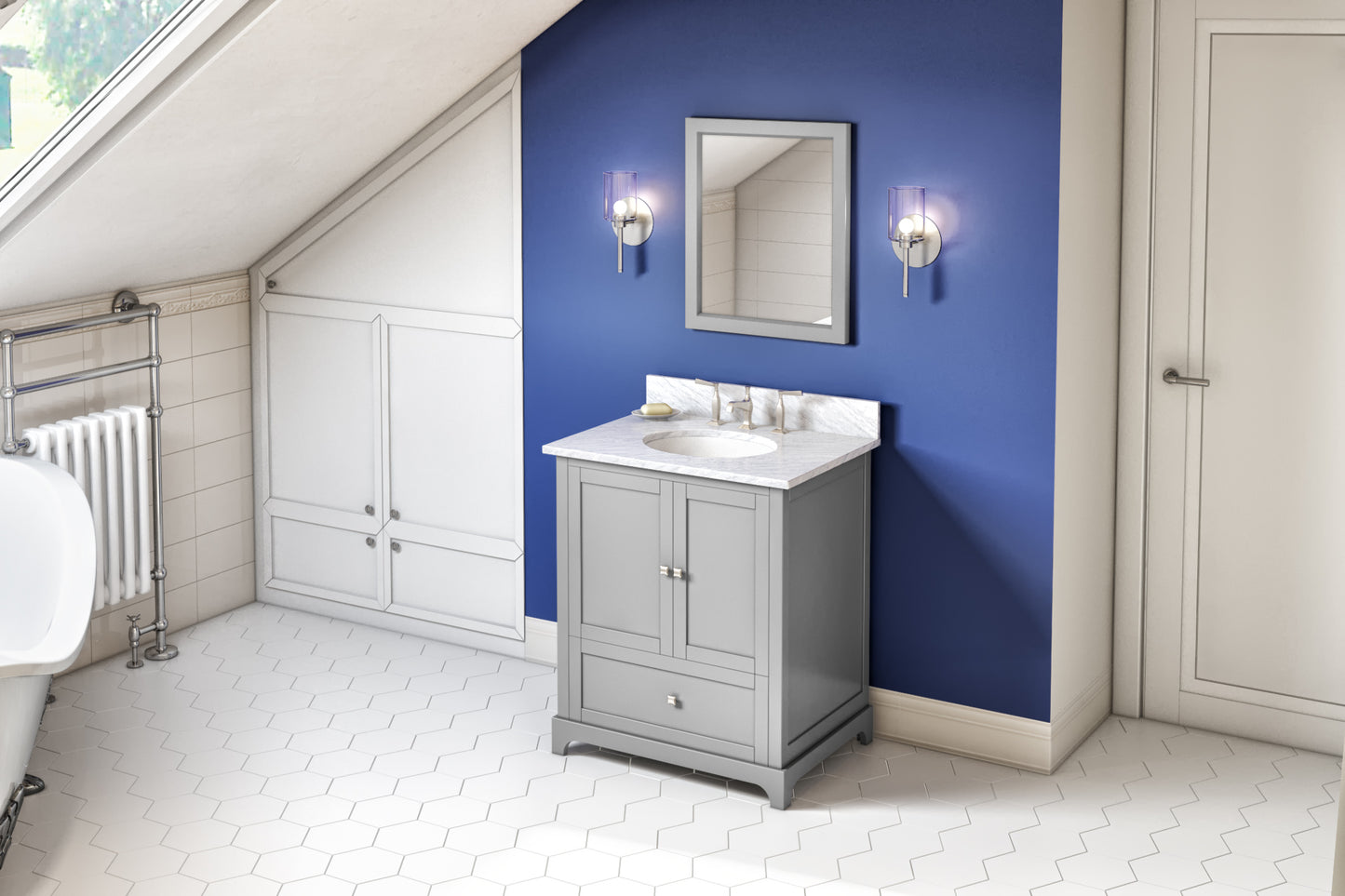 JEFFREY ALEXANDER VKITADD30GRWCO 30" Grey Addington Vanity, White Carrara Marble Vanity Top, undermount oval bowl