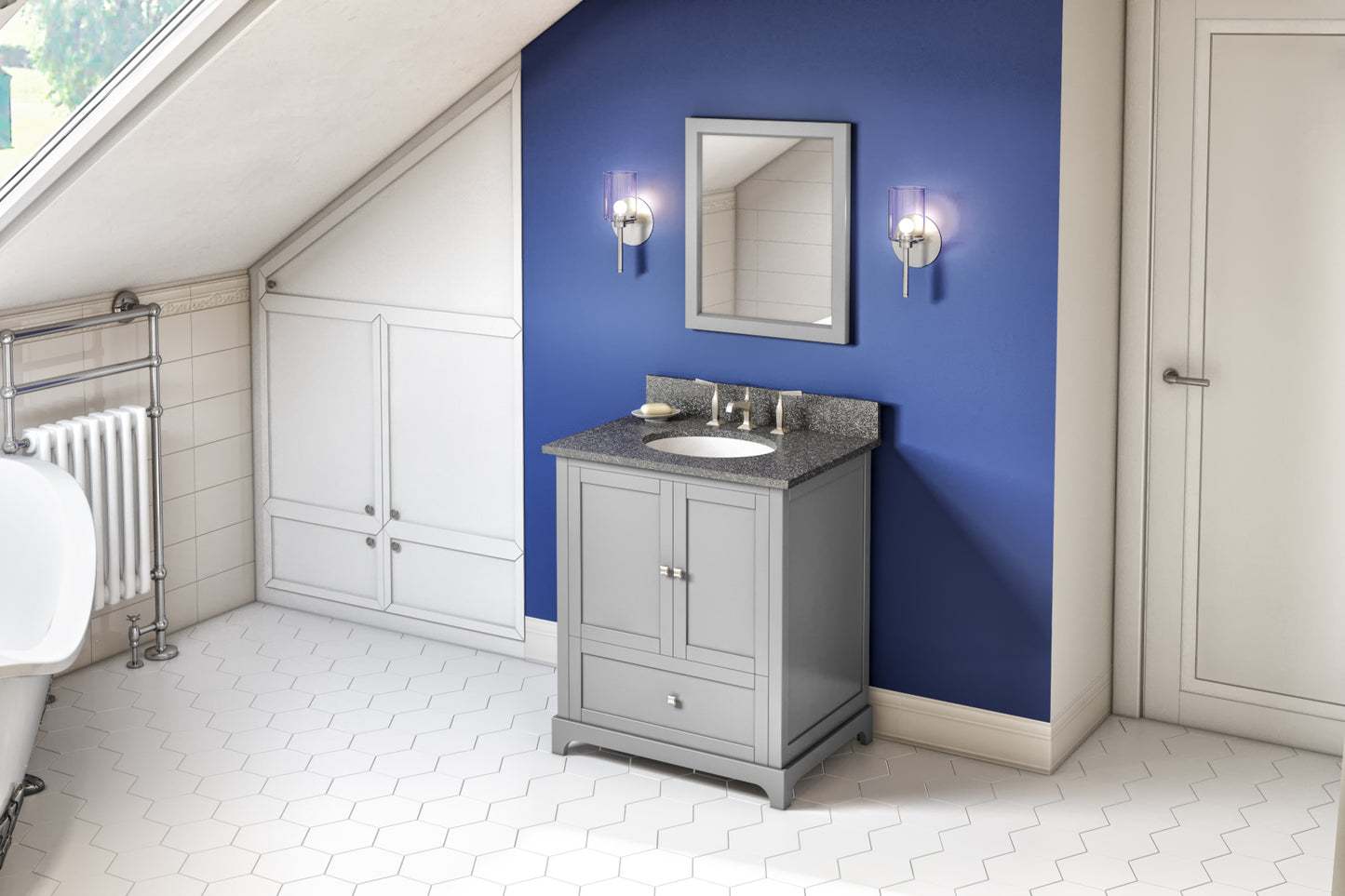 JEFFREY ALEXANDER VKITADD30GRBOO 30" Grey Addington Vanity, Boulder Cultured Marble Vanity Top, undermount oval bowl