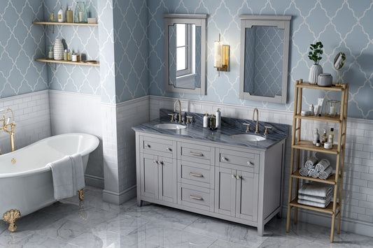 JEFFREY ALEXANDER VKITCHA60GRMGO 60" Grey Chatham Vanity, double bowl, Grey Marble Vanity Top, two undermount oval bowls