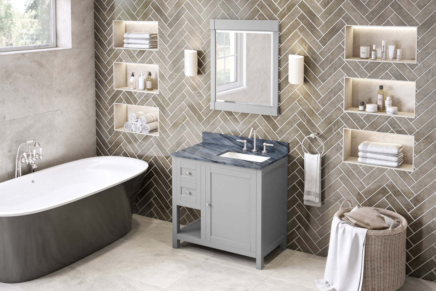 JEFFREY ALEXANDER VKITAST36GRMGR 36" Grey Astoria Vanity, right offset, Grey Marble Vanity Top, undermount rectangle bowl