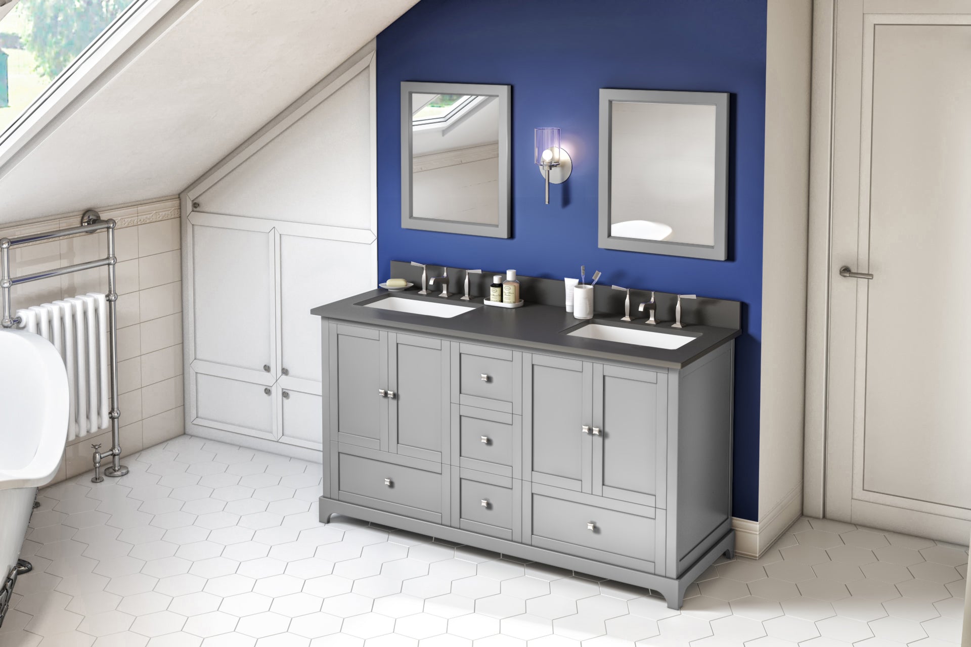 JEFFREY ALEXANDER VKITADD60GRGQR 60" White Addington Vanity, double bowl, Grey Quartz Vanity Top, two undermount rectangle bowls