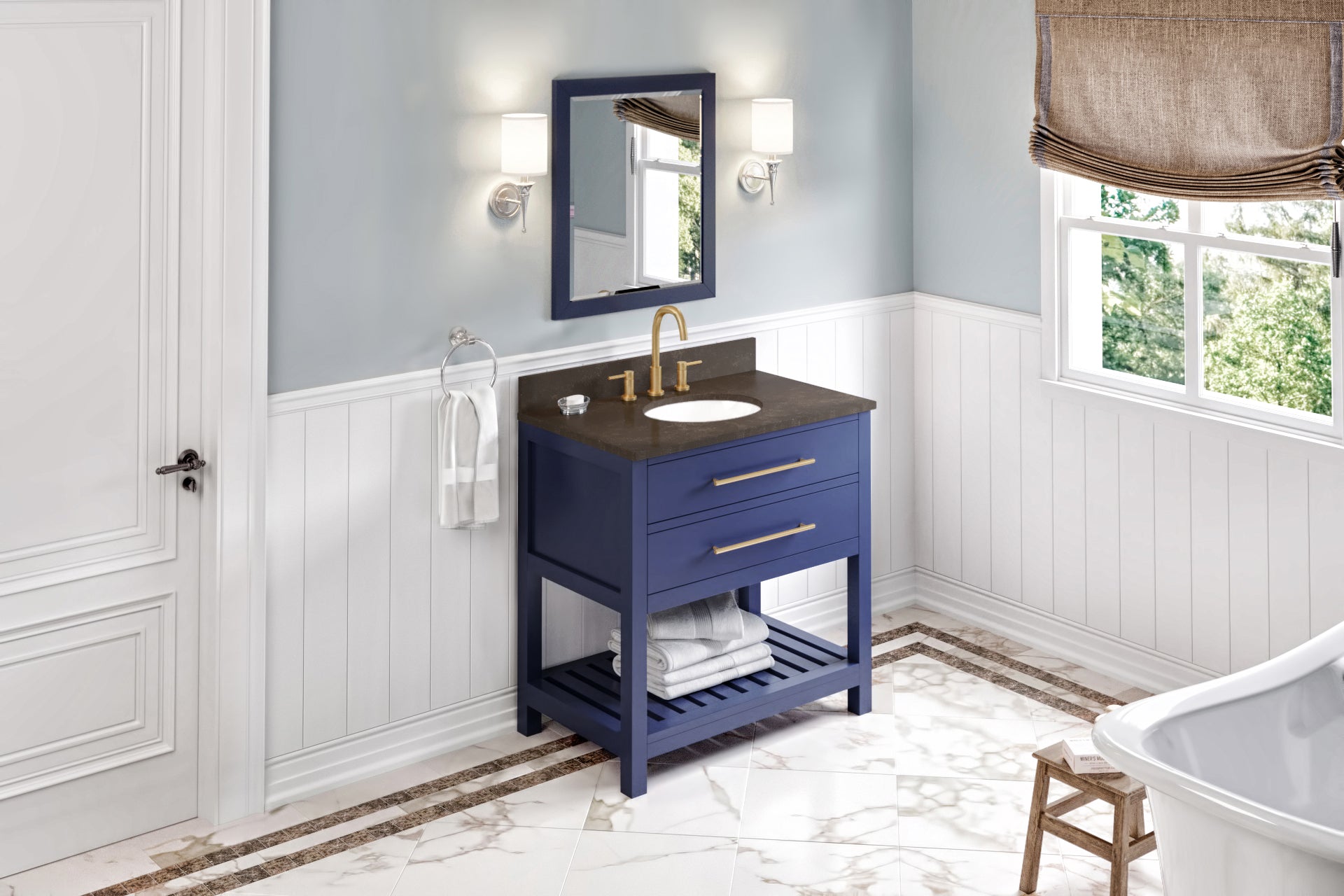 JEFFREY ALEXANDER VKITWAV36BLLSO 36" Hale Blue Wavecrest Vanity, Blue Limestone Vanity Top, undermount oval bowl