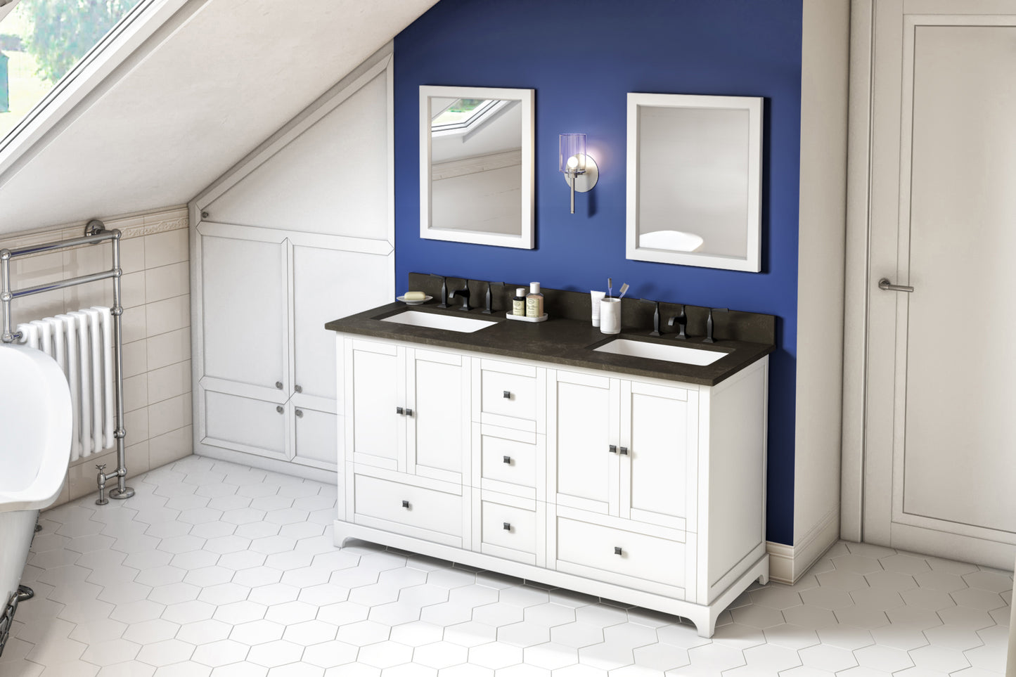 JEFFREY ALEXANDER VKITADD60WHLSR 60" White Addington Vanity, double bowl, Blue Limestone Vanity Top, two undermount rectangle bowls