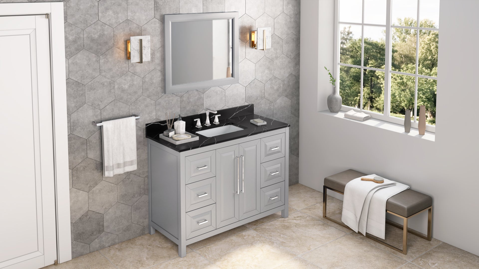 JEFFREY ALEXANDER VKITCAD48GRBQR 48" Grey Cade Vanity, Calacatta Black Quartz Vanity Top, undermount rectangle bowl