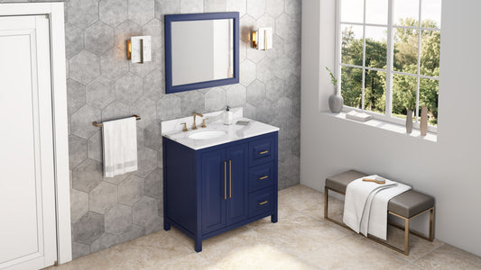 JEFFREY ALEXANDER VKITCAD36BLCQO 36" Hale Blue Cade Vanity, left offset, Calacatta Vienna Quartz Vanity Top, undermount oval bowl