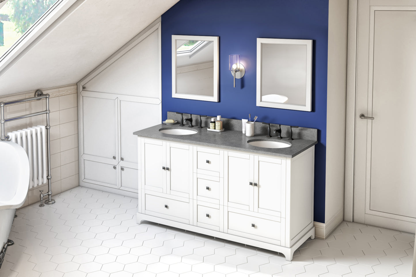 JEFFREY ALEXANDER VKITADD60WHSGO 60" White Addington Vanity, double bowl, Steel Grey Cultured Marble Vanity Top, two undermount oval bowls