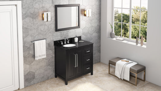 JEFFREY ALEXANDER VKITCAD36BKBQO 36" Black Cade Vanity, left offset, Calacatta Black Quartz Vanity Top, undermount oval bowl