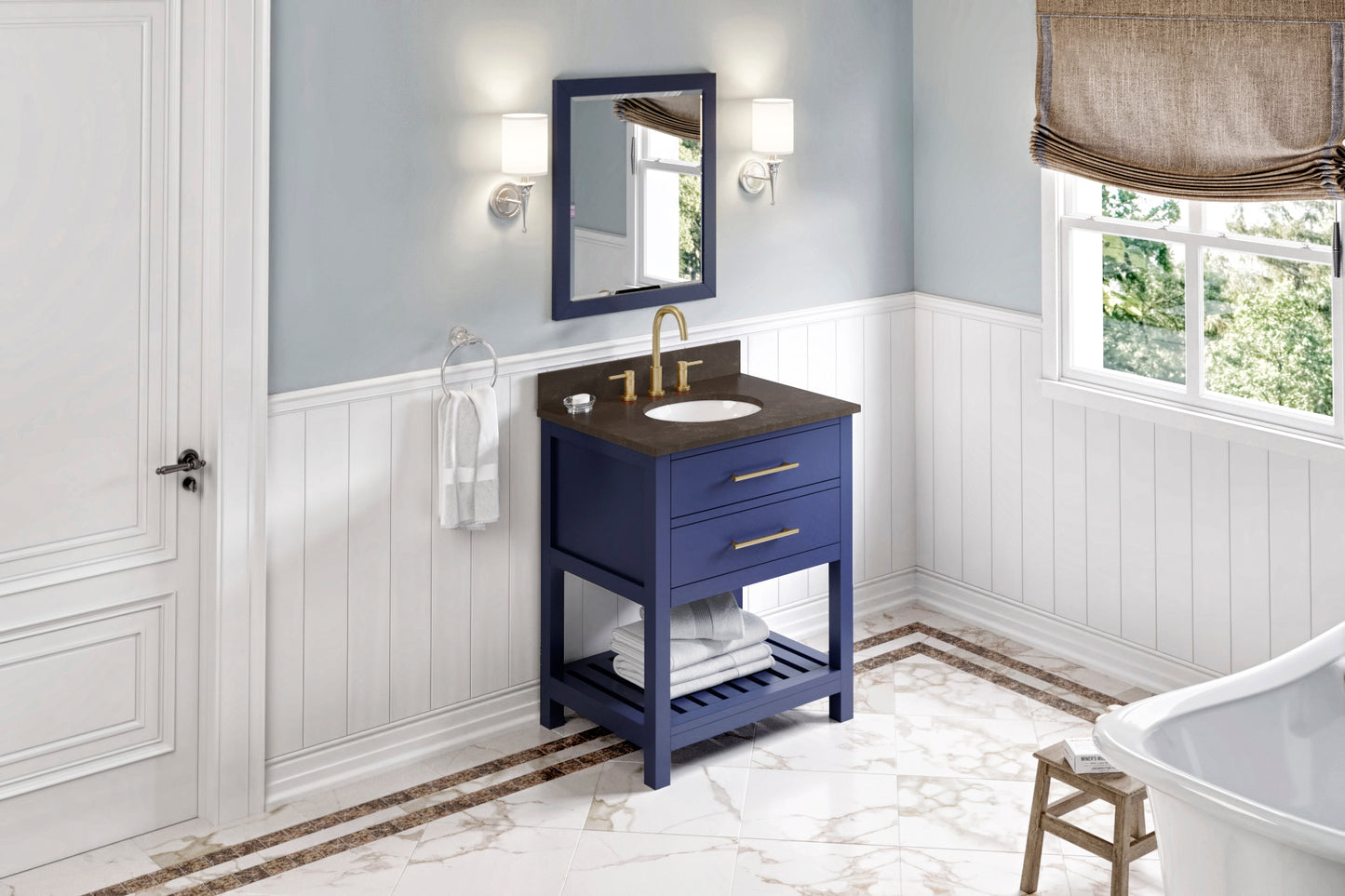 JEFFREY ALEXANDER VKITWAV30BLLSO 30" Hale Blue Wavecrest Vanity, Blue Limestone Vanity Top, undermount oval bowl