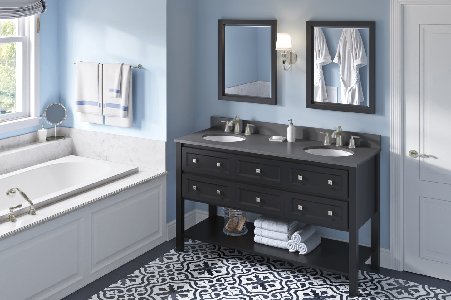 JEFFREY ALEXANDER VKITADL60BKGQO 60" Black Adler Vanity, double bowl, Grey Quartz Vanity Top, two undermount oval bowls