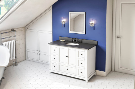 JEFFREY ALEXANDER VKITADD48WHGQO 48" White Addington Vanity, Grey Quartz Vanity Top, undermount oval bowl