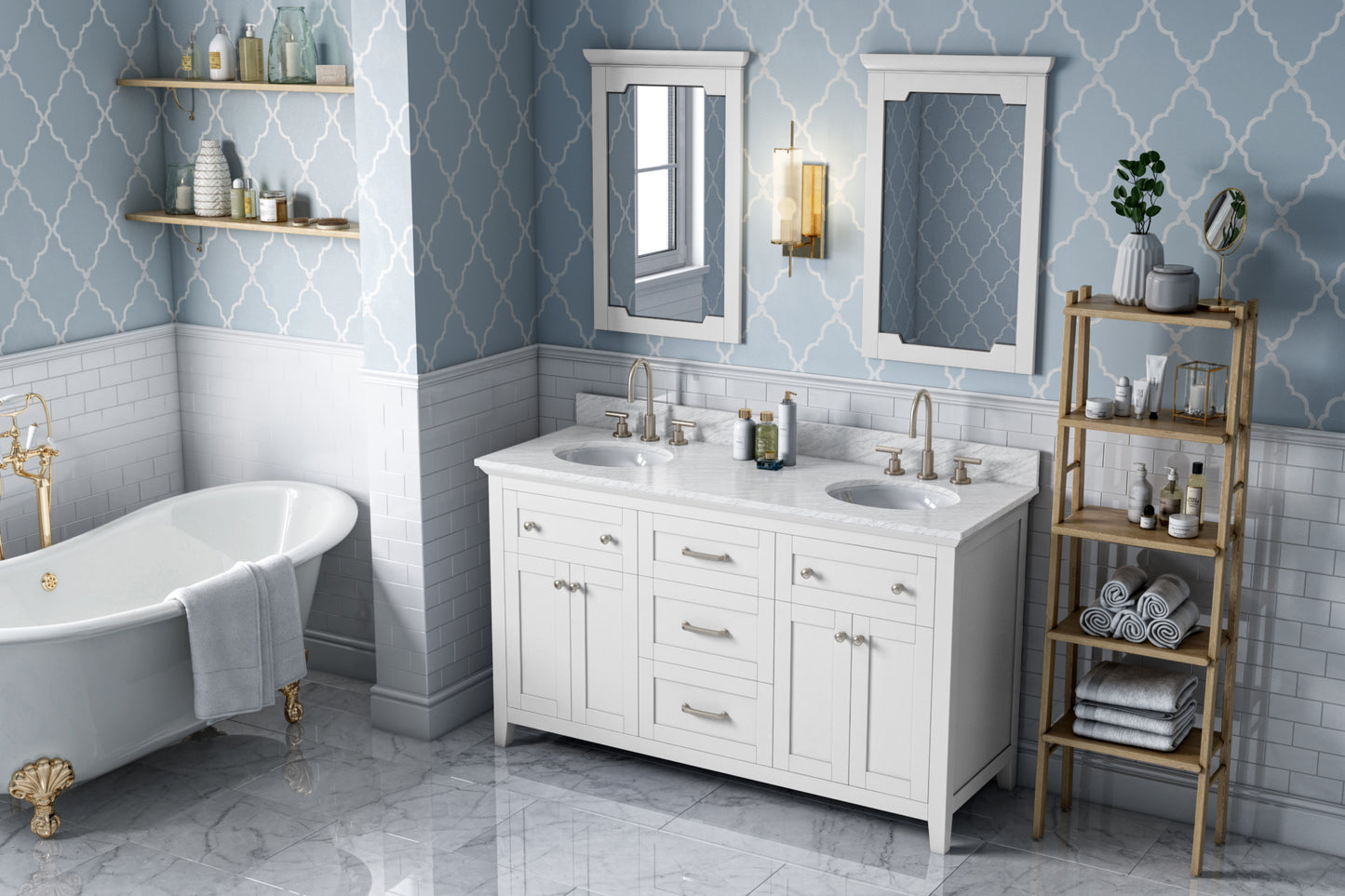 JEFFREY ALEXANDER VKITCHA60WHWCO 60" White Chatham Vanity, double bowl, White Carrara Marble Vanity Top, two undermount oval bowls