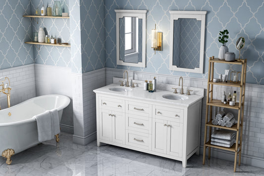 JEFFREY ALEXANDER VKITCHA60WHWCO 60" White Chatham Vanity, double bowl, White Carrara Marble Vanity Top, two undermount oval bowls