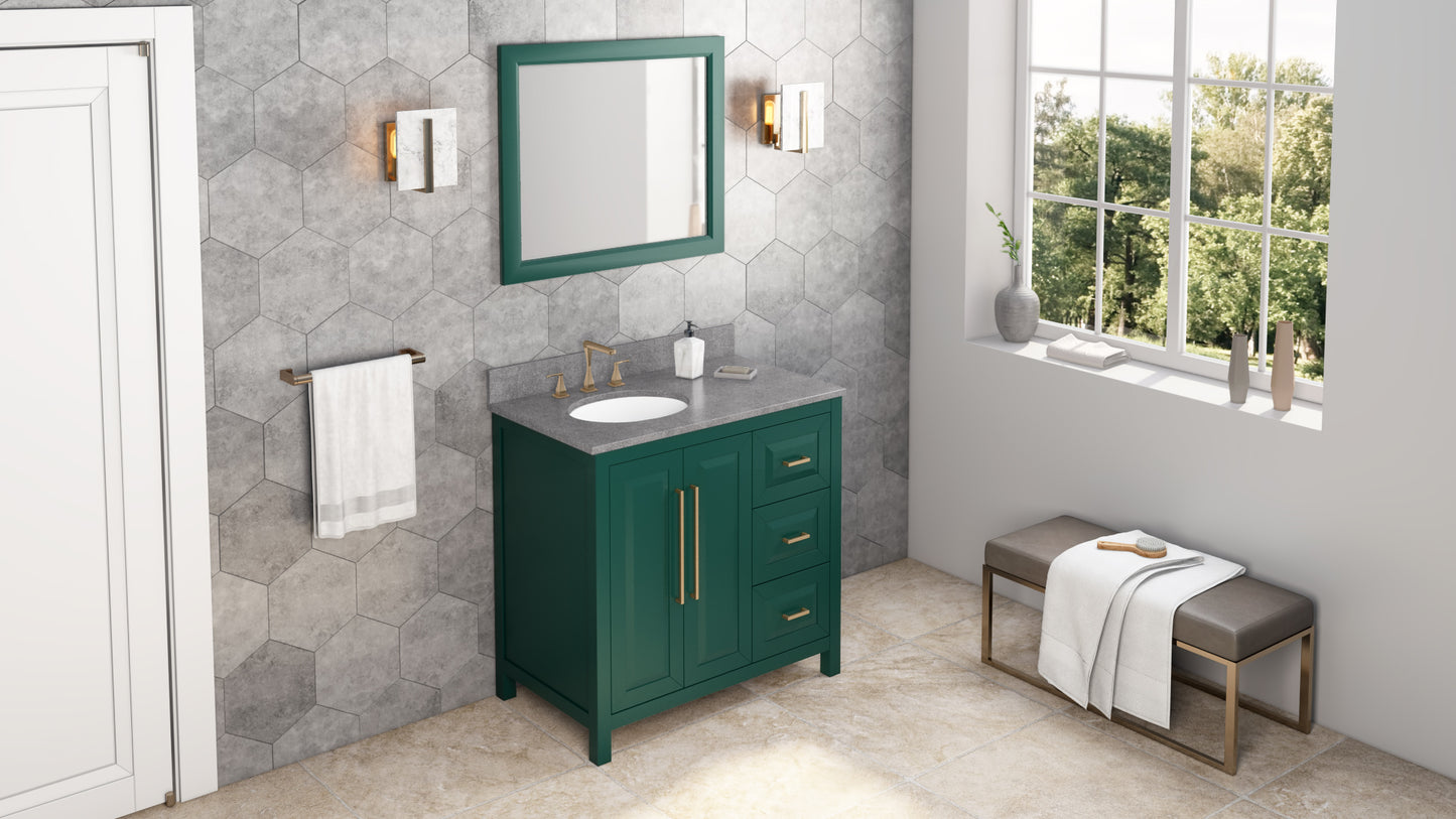 JEFFREY ALEXANDER VKITCAD36GNSGO 36" Forest Green Cade Vanity, left offset, Steel Grey Cultured Marble Vanity Top, undermount oval bowl