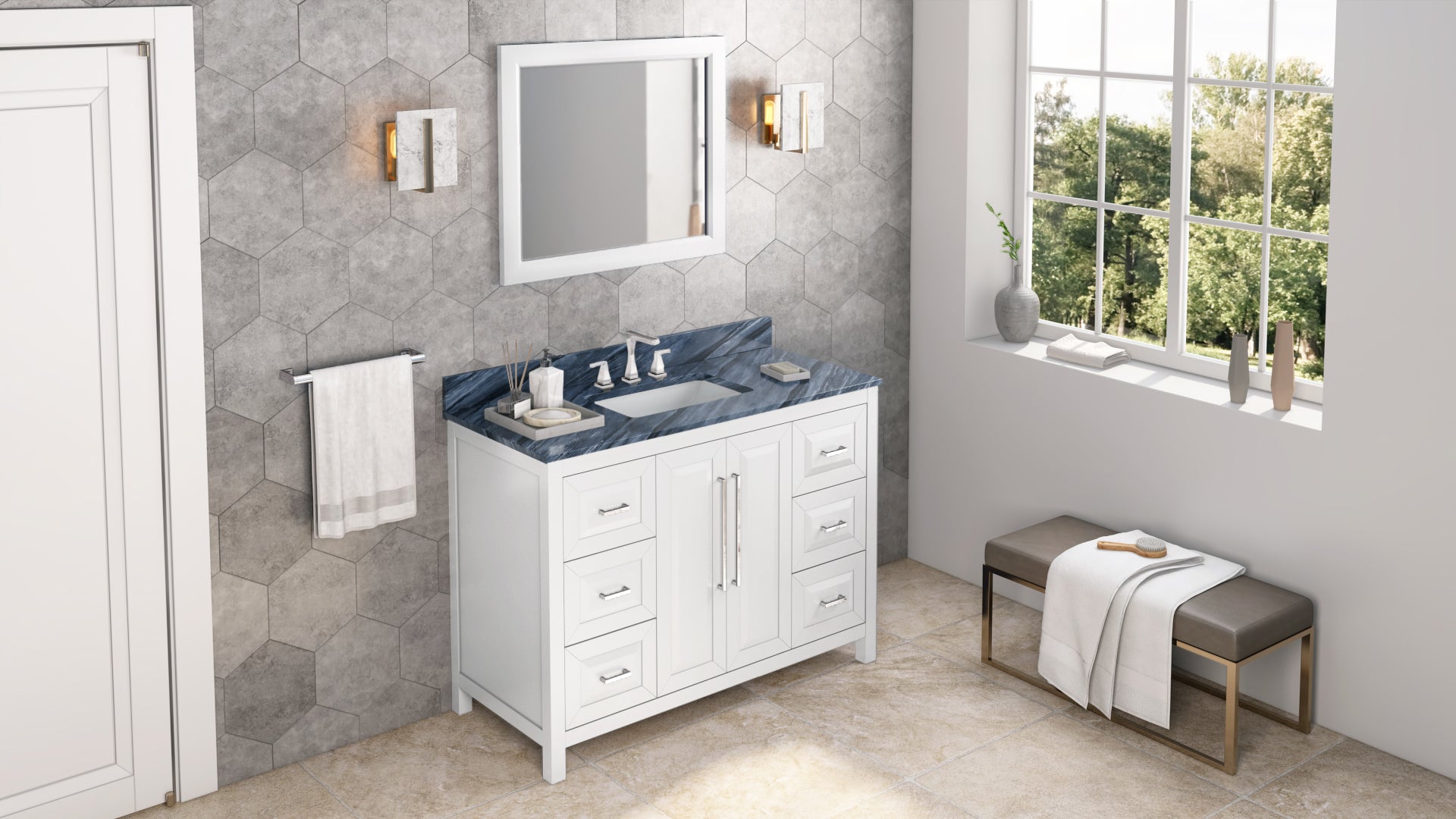 JEFFREY ALEXANDER VKITCAD48WHMGR 48" White Cade Vanity, Grey Marble Vanity Top, undermount rectangle bowl