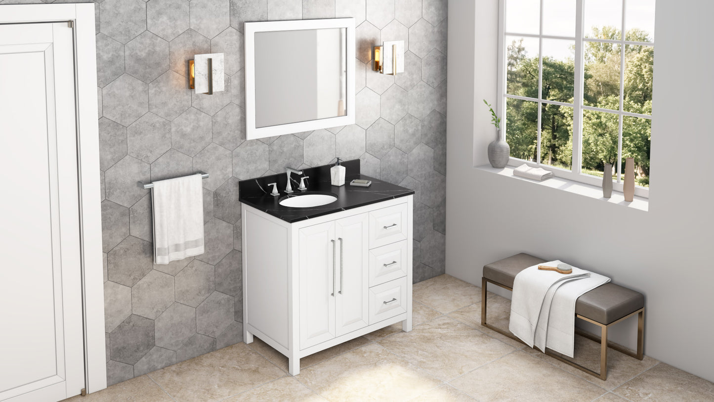 JEFFREY ALEXANDER VKITCAD36WHBQO 36" White Cade Vanity, left offset, Calacatta Black Quartz Vanity Top, undermount oval bowl