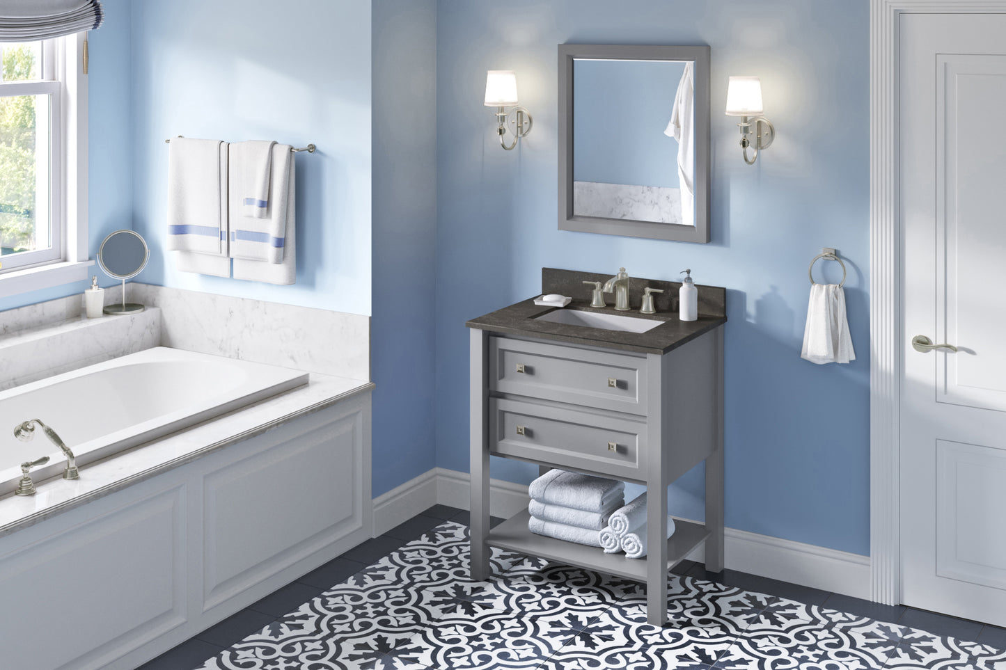 JEFFREY ALEXANDER VKITADL30GRLSR 30" Grey Adler Vanity, Blue Limestone Vanity Top, undermount rectangle bowl